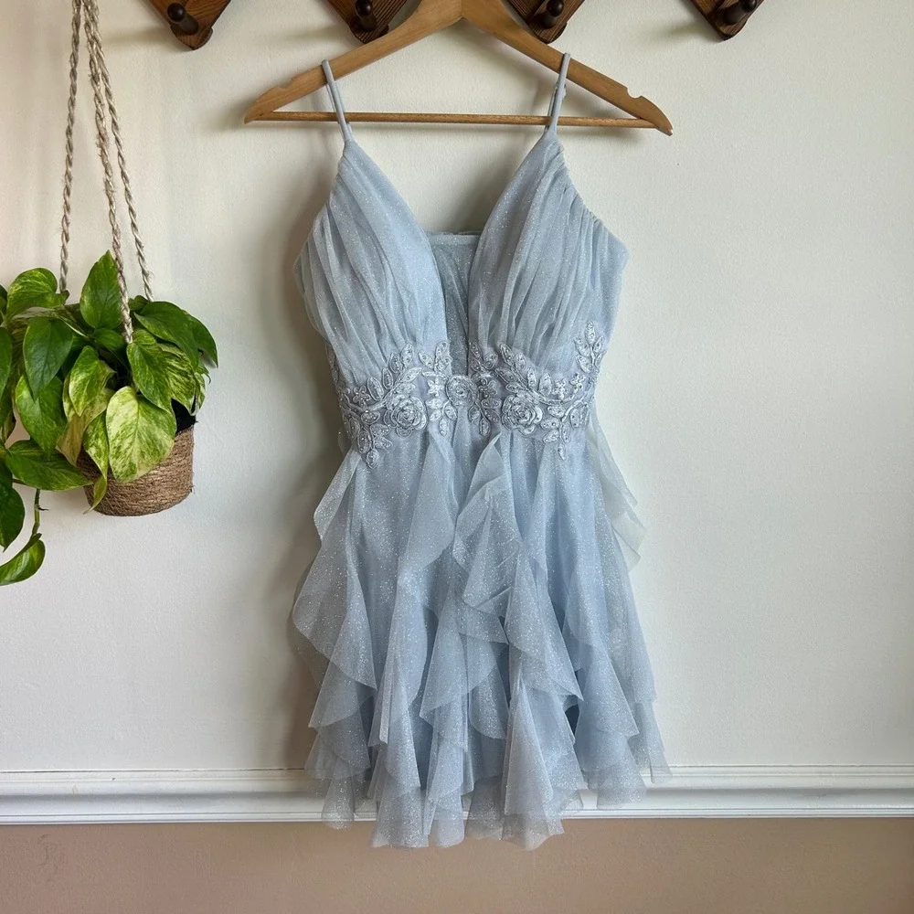 Radiante Couture Blue Glitter Tulle Ruffle Mini Dress‎ Cocktail Homecoming